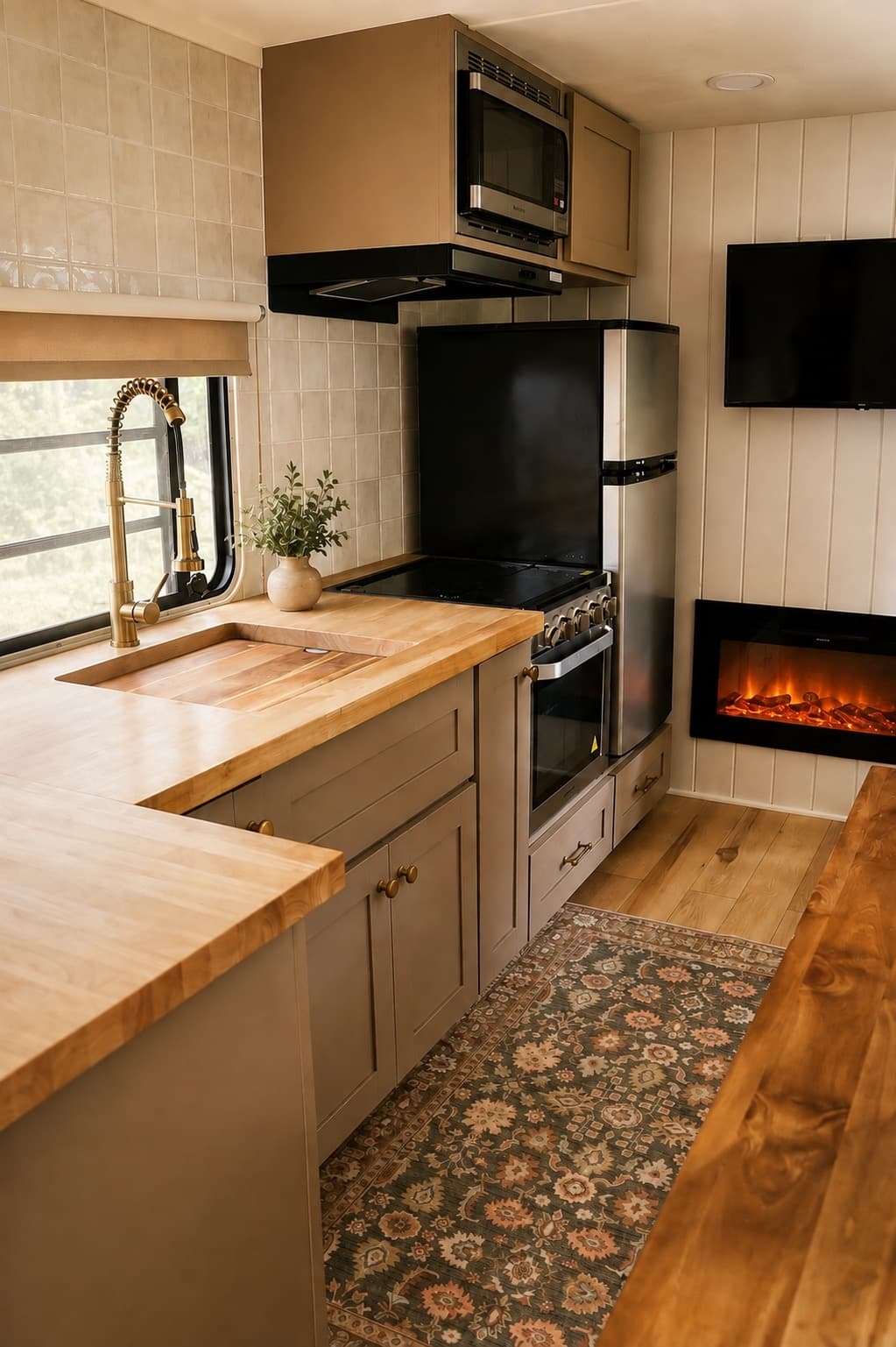 Val's finished kitchen with sink, range, refrigerator, and electric fireplace.
