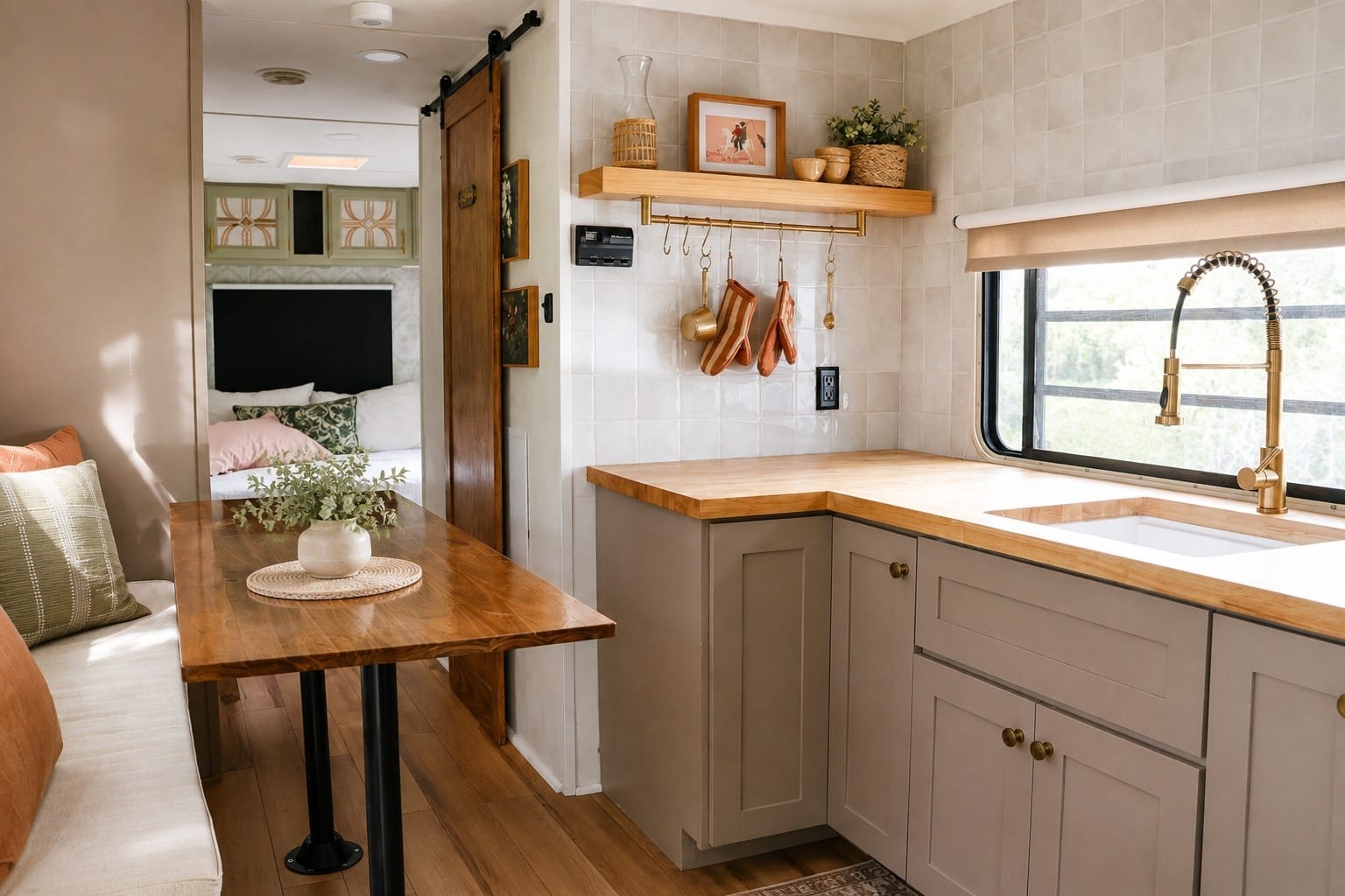 Val's renovated kitchen and dinette with the main bedroom visible beyond.